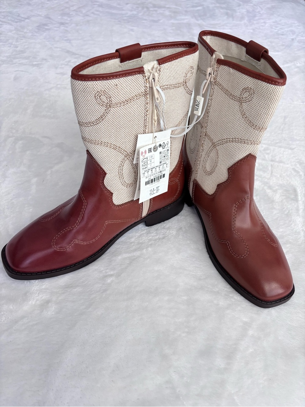 ZARA Cowboy-Style Brown & Cream Embroidered Square Toe Low Heel Boots--NWT--37
